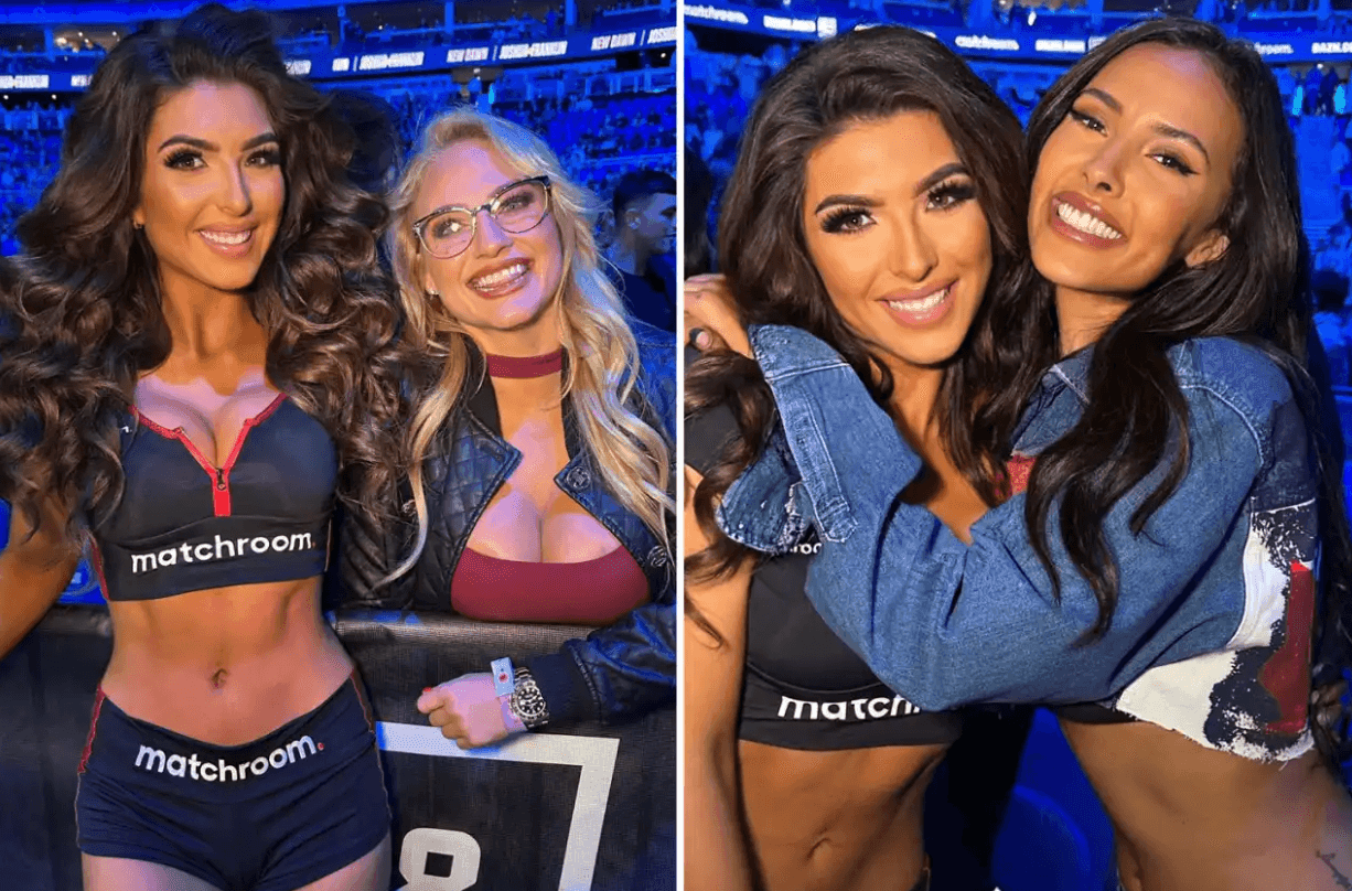 SEEING STARS Ebanie Bridges and Maya Jama pose with stunning Anthony Joshua ring girls as they join Arsenal star for Franklin bout